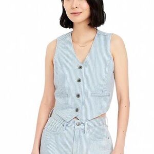 Old Navy Light Blue and White Striped Sleeveless Button Vest